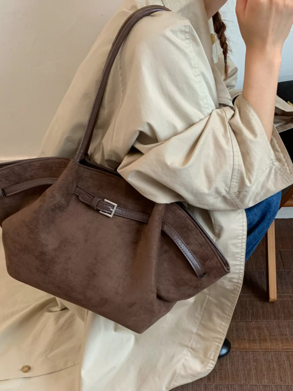 Solid Color Buckle Tote Bag