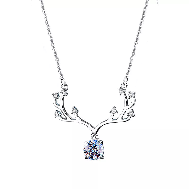1 Carat Moissanite 925 Sterling Silver Deer Antler Pendant Necklace