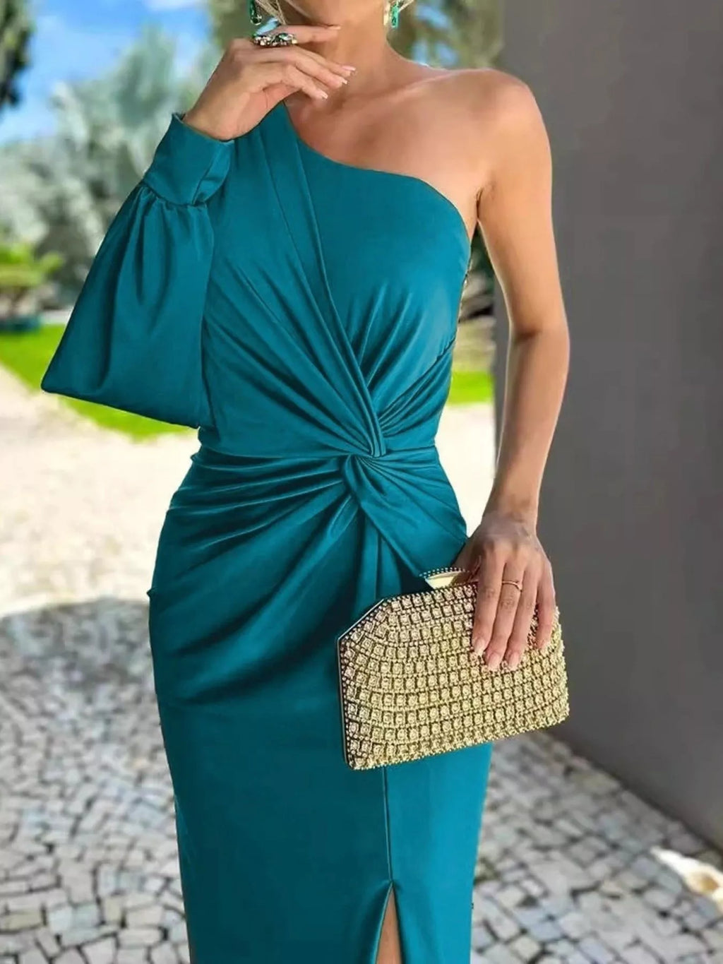 Full Size One-Shoulder Knot Detail Slit Maxi Dress Plus Size