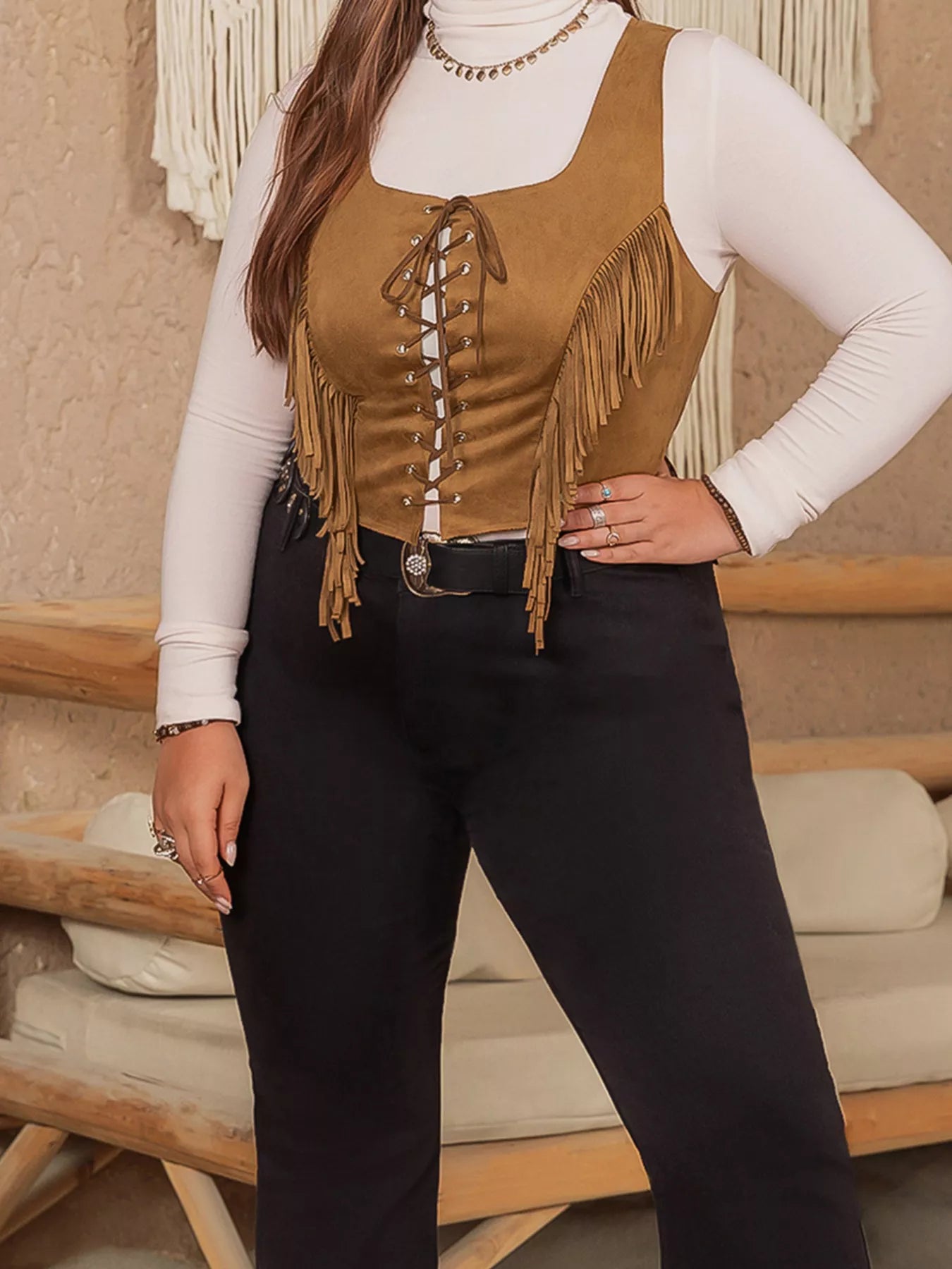 Plus Size Fringed Lace-Up Suede Vest