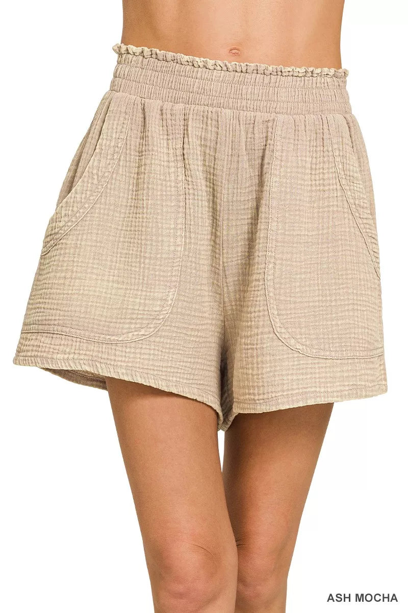 Zenana Washed Double Gauze Shorts