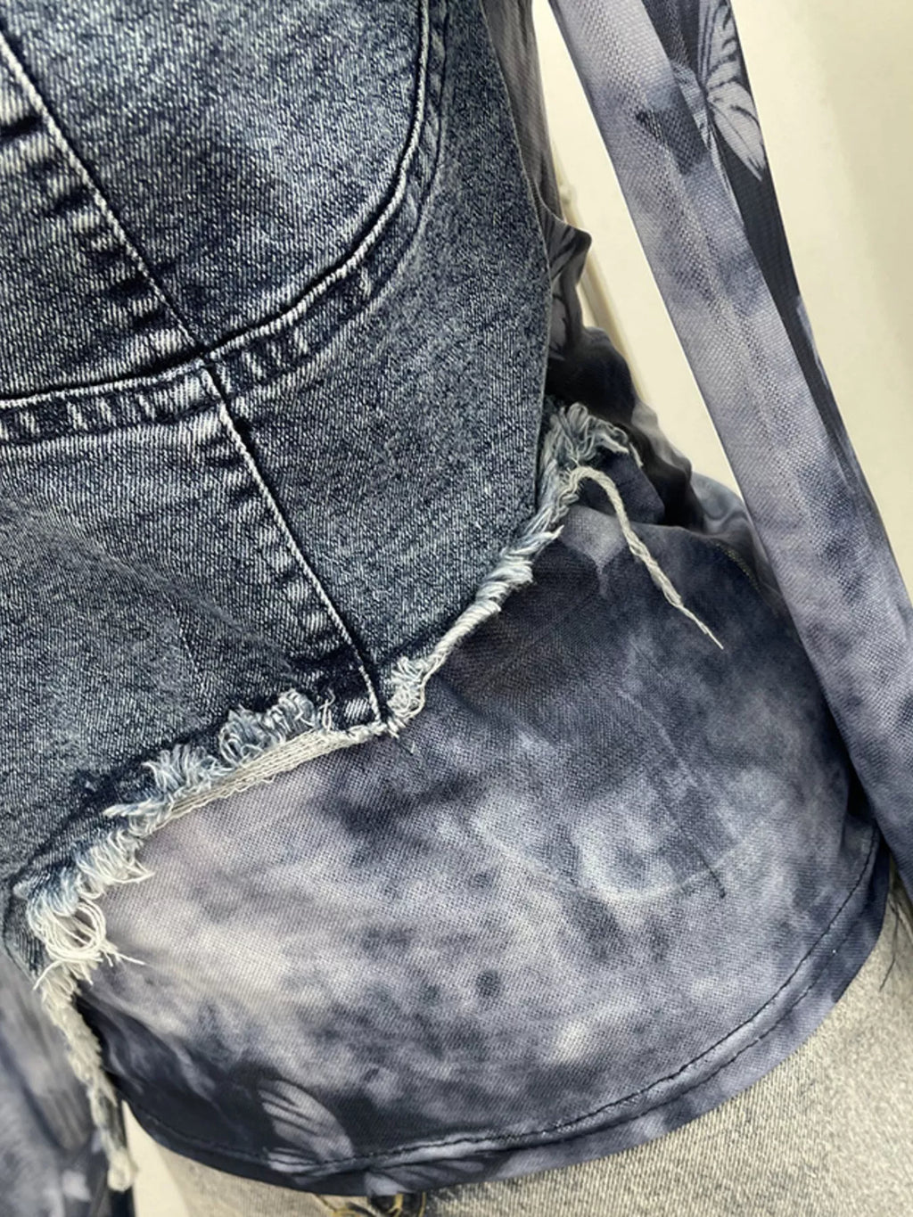 Asymmetrical Neck Denim Patchwork Top