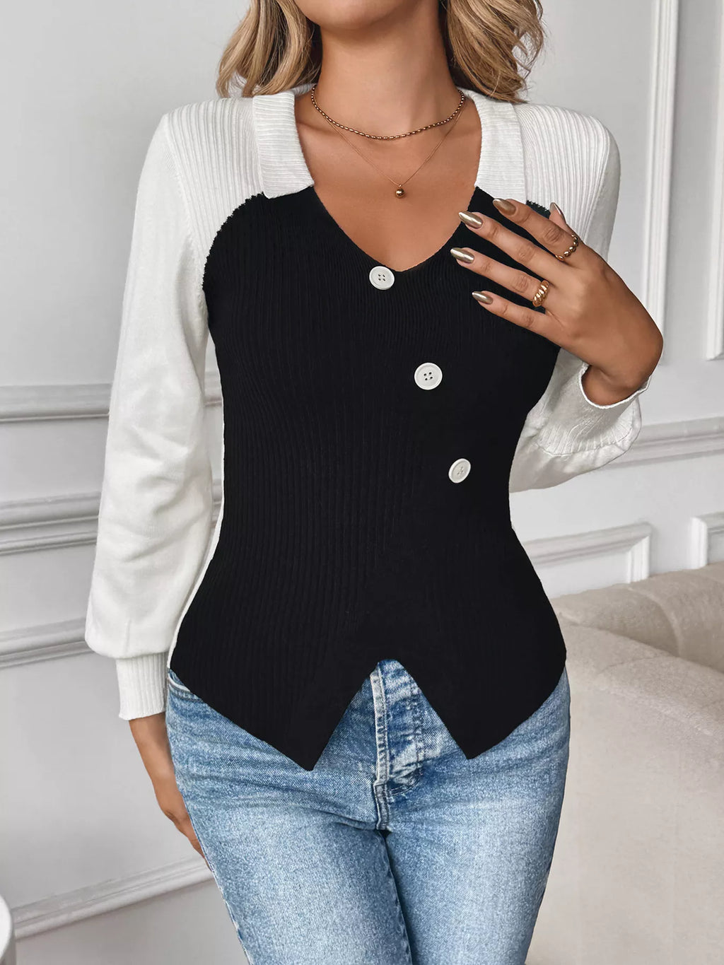 Color Block V-Neck Sweater
