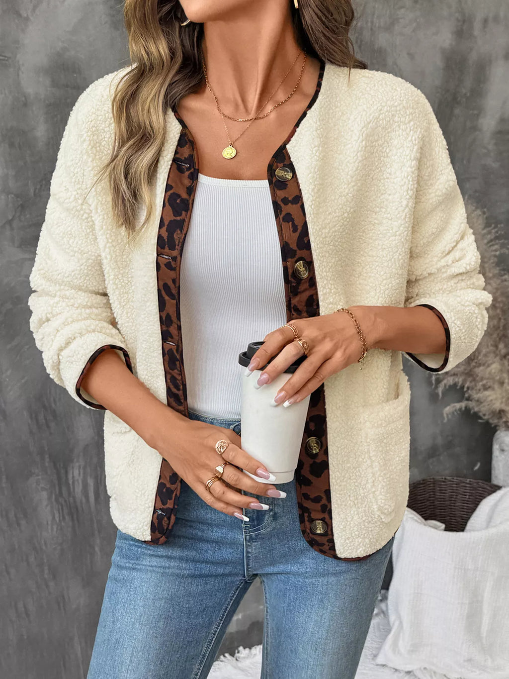 Leopard Trim Button Up Jacket