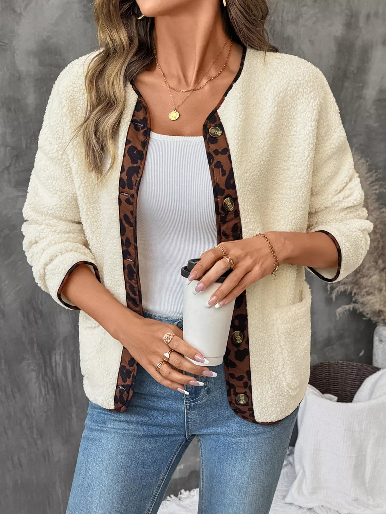 Leopard Trim Button Up Jacket
