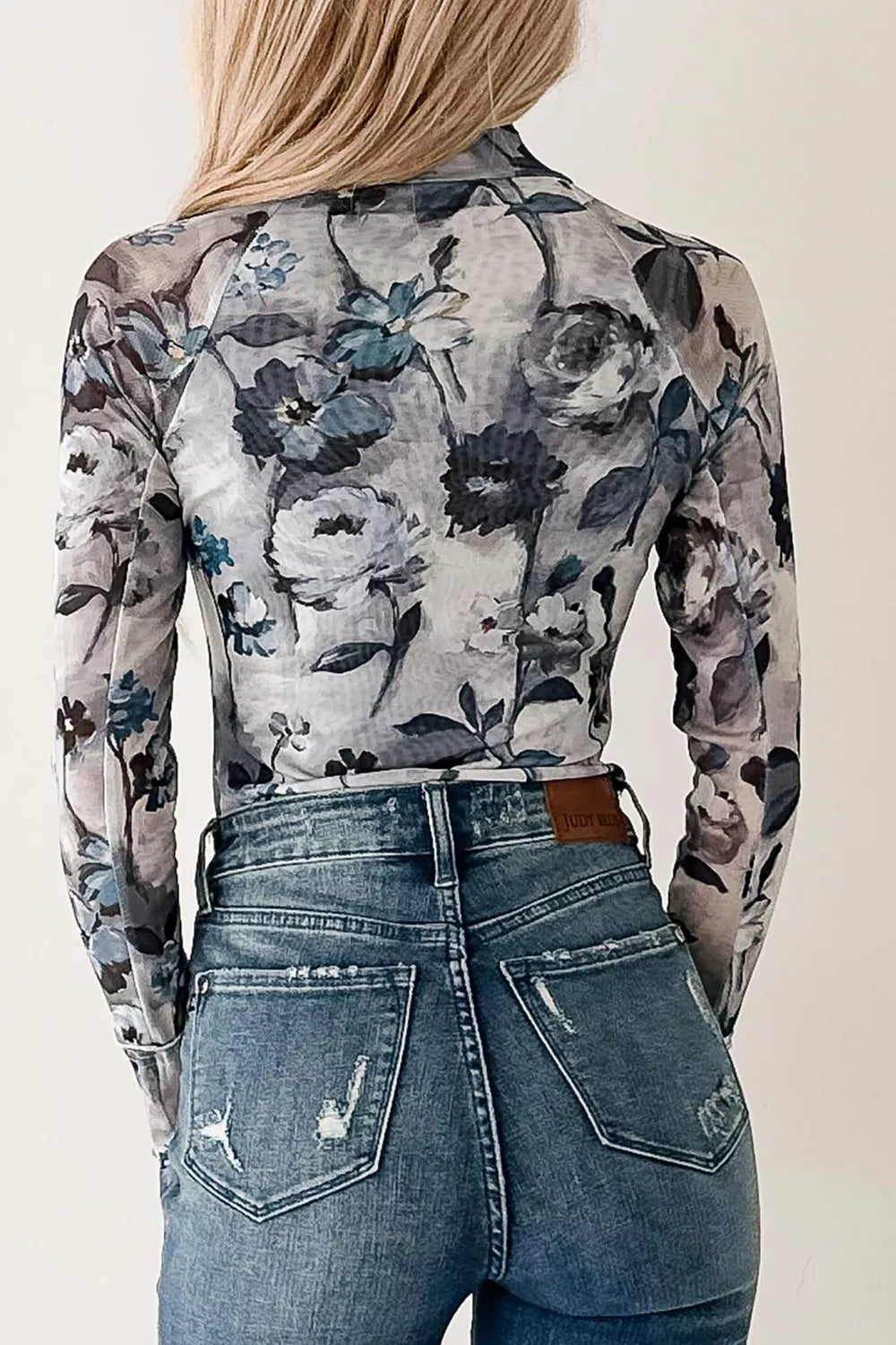 Floral Mesh High Neck Long Sleeve Sheath Top
