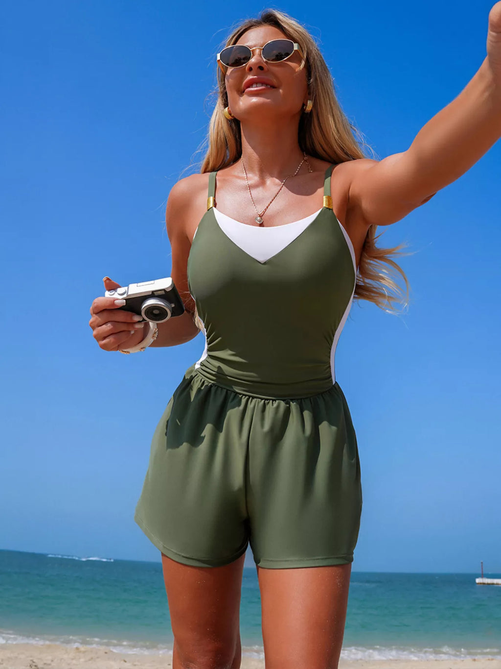 Color Block Adjustable Strap One-Piece Swimsuit
