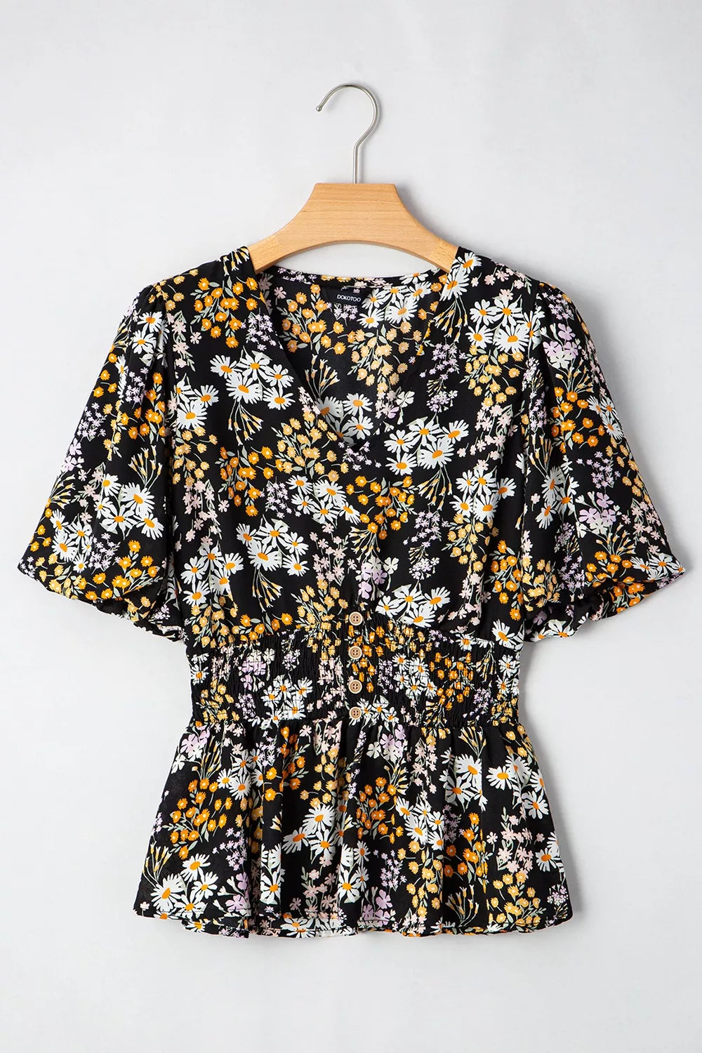 Floral Print V Neck Smocked Babydoll Blouse