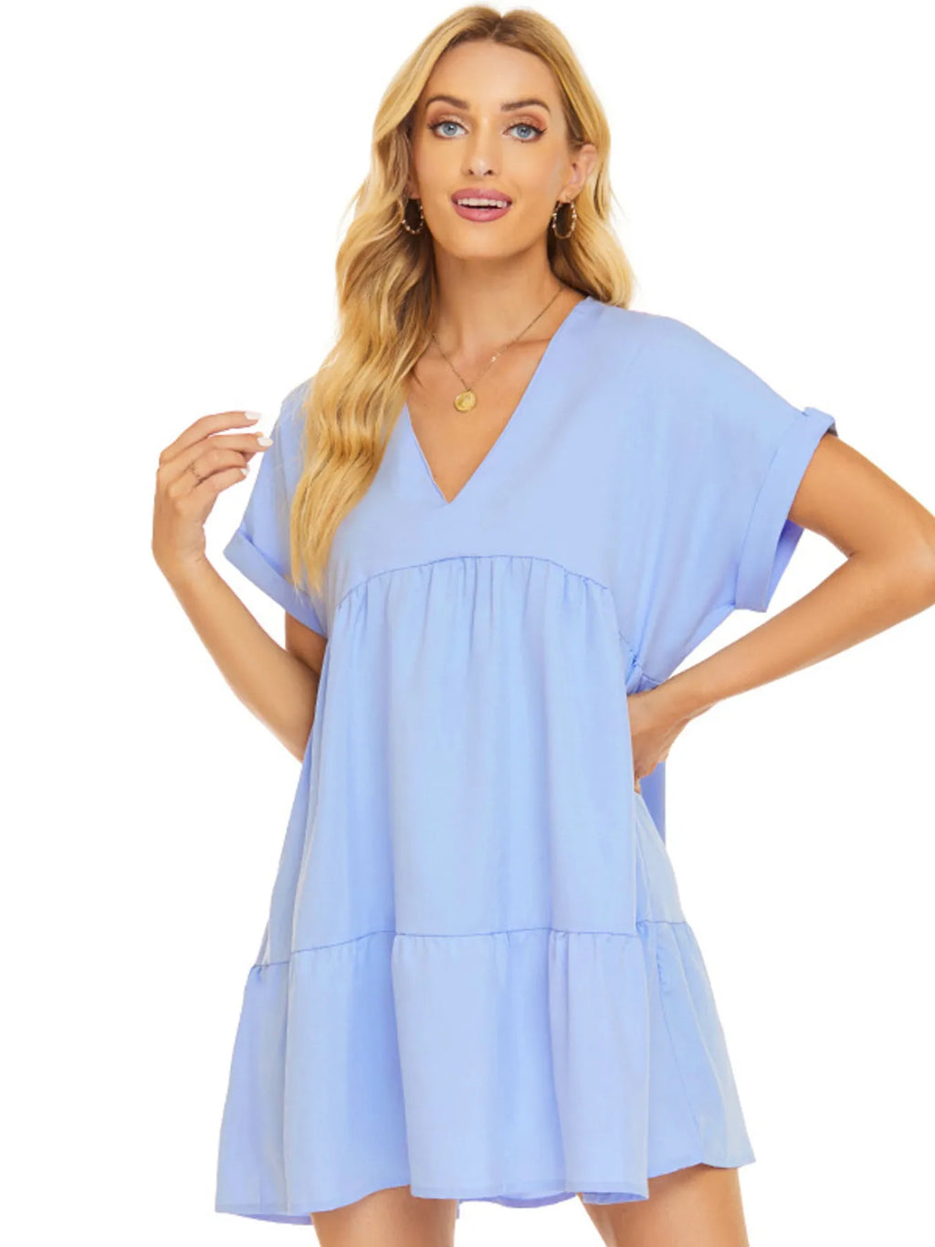V-Neck Babydoll Tiered Mini Dress