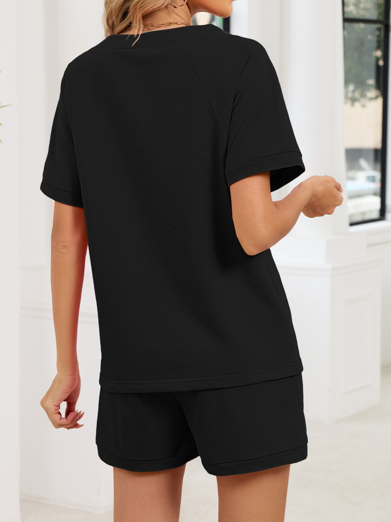 Notched Short Sleeve Top and Shorts Set