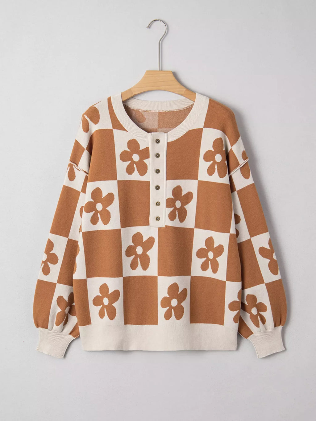 Flower Plaid Henley Baggy Sweater