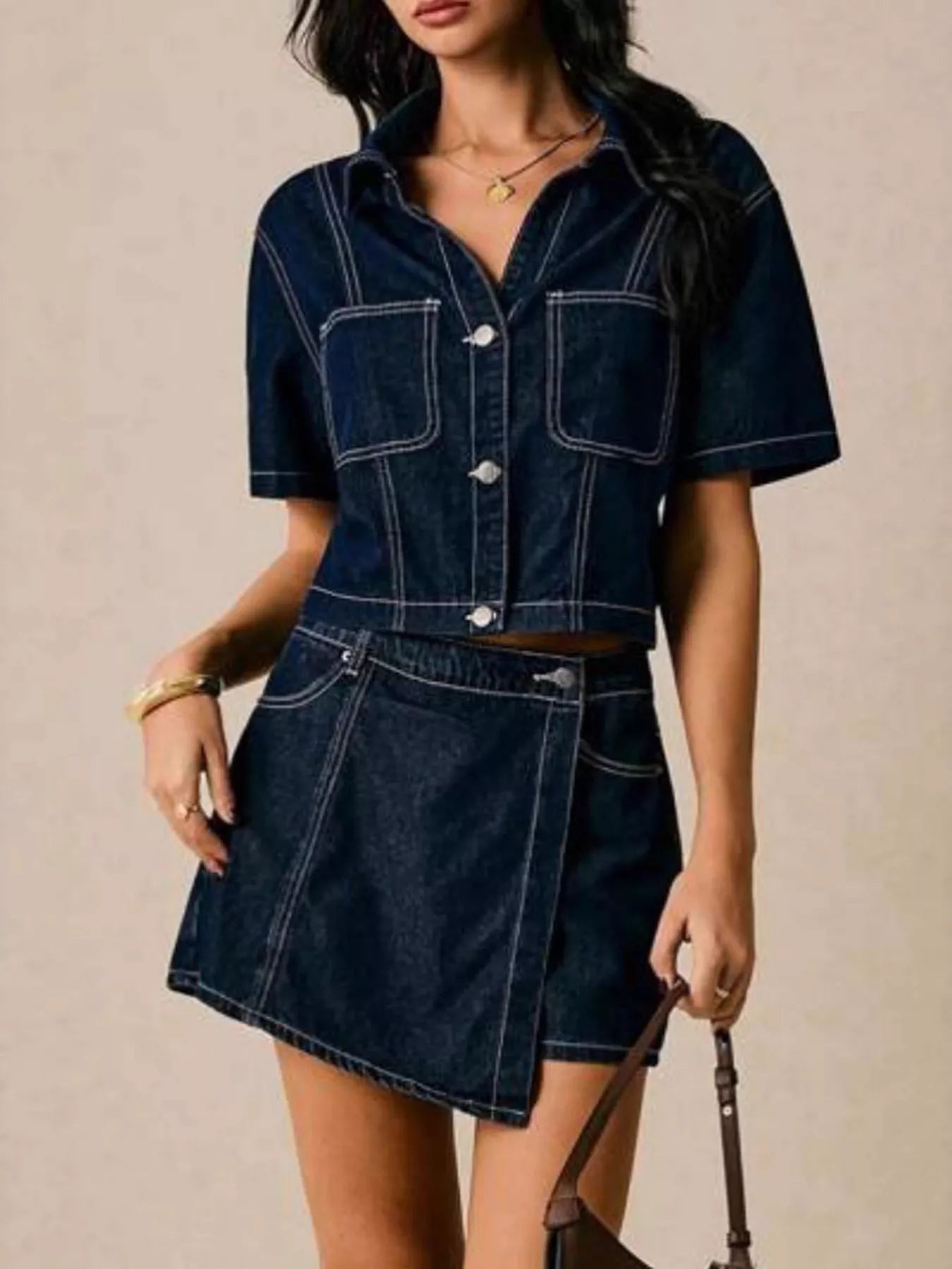 Button Up Short Sleeve Top and Skort Denim Set