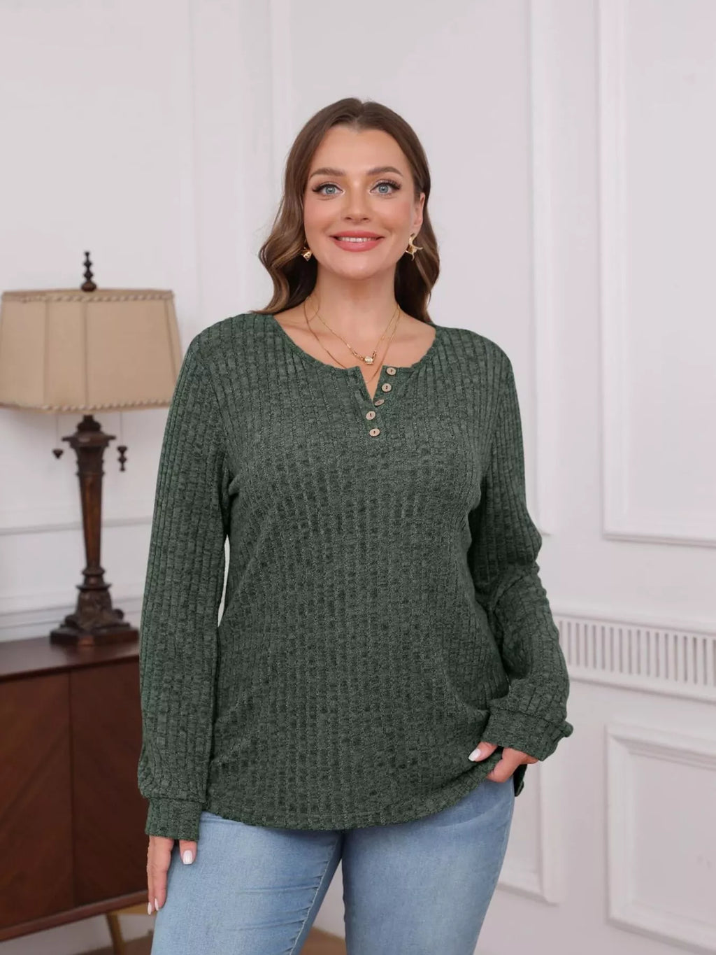 Ribbed Knit Button-Front Long Sleeve T-Shirt