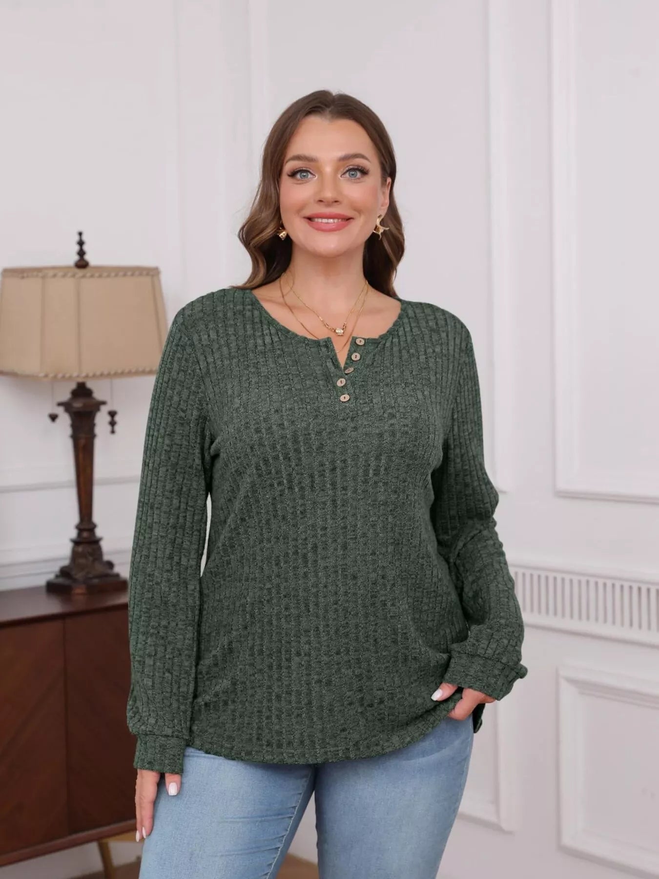 Ribbed Knit Button-Front Long Sleeve T-Shirt