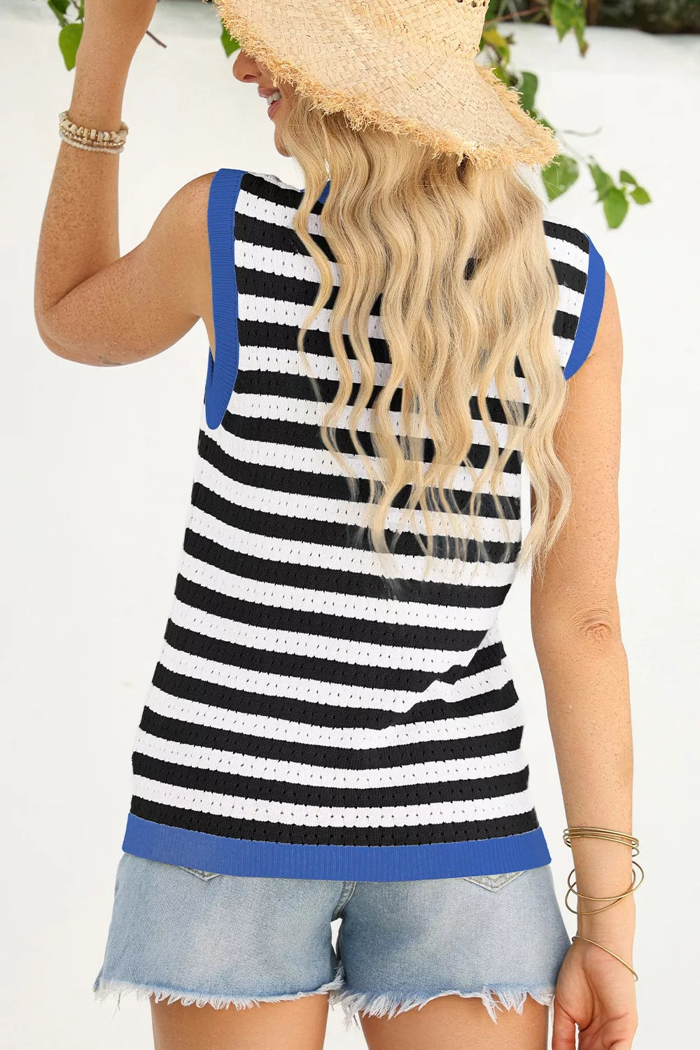 Stripe Pointelle Knit Contrast Trim Sleeveless Sweater Top