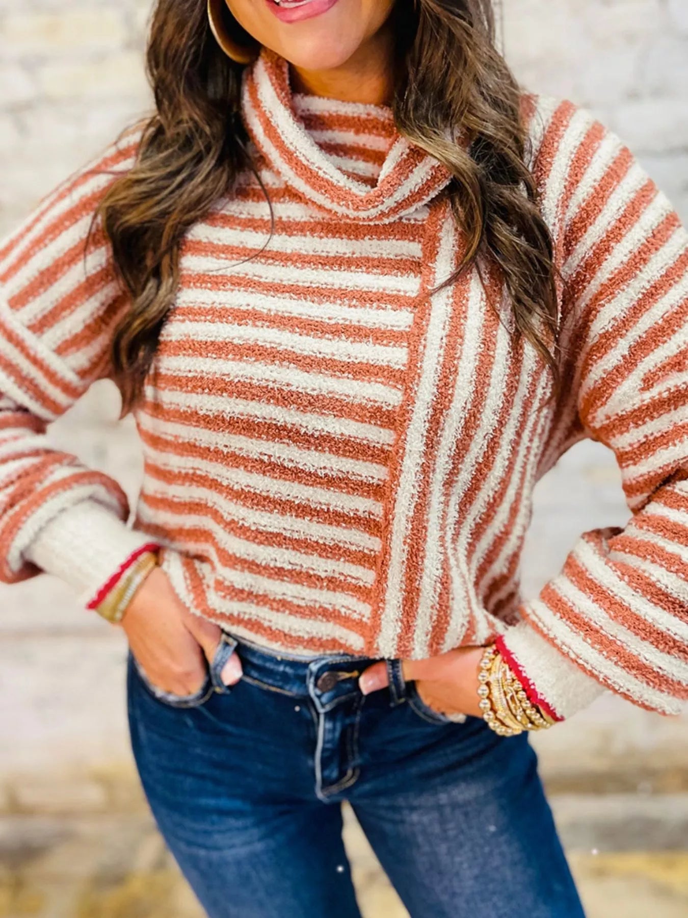 Striped Cowl Neck Long Sleeve Sweater