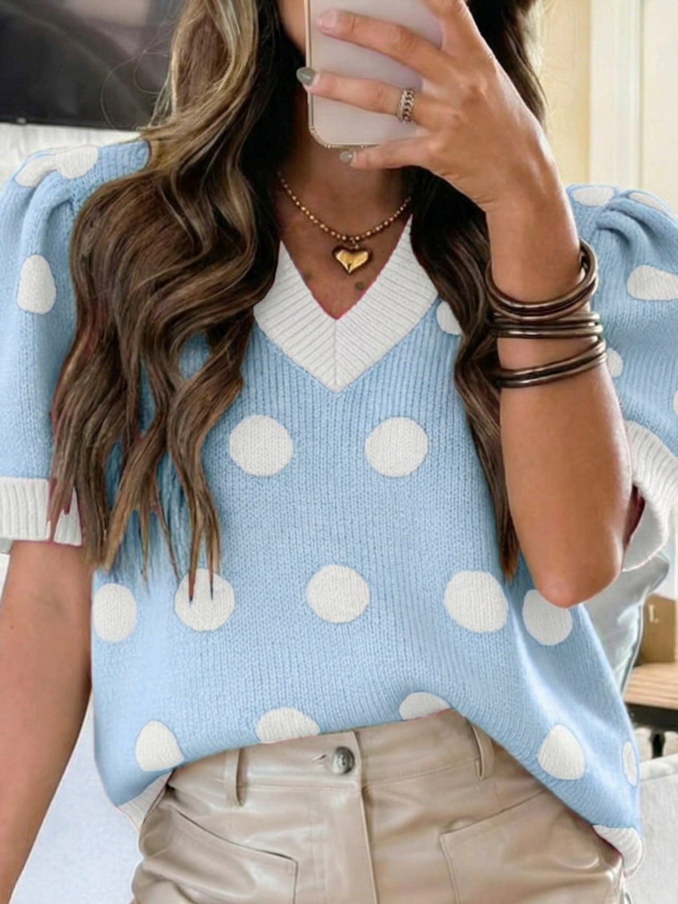 Polka Dot Puff Sleeve Sweater