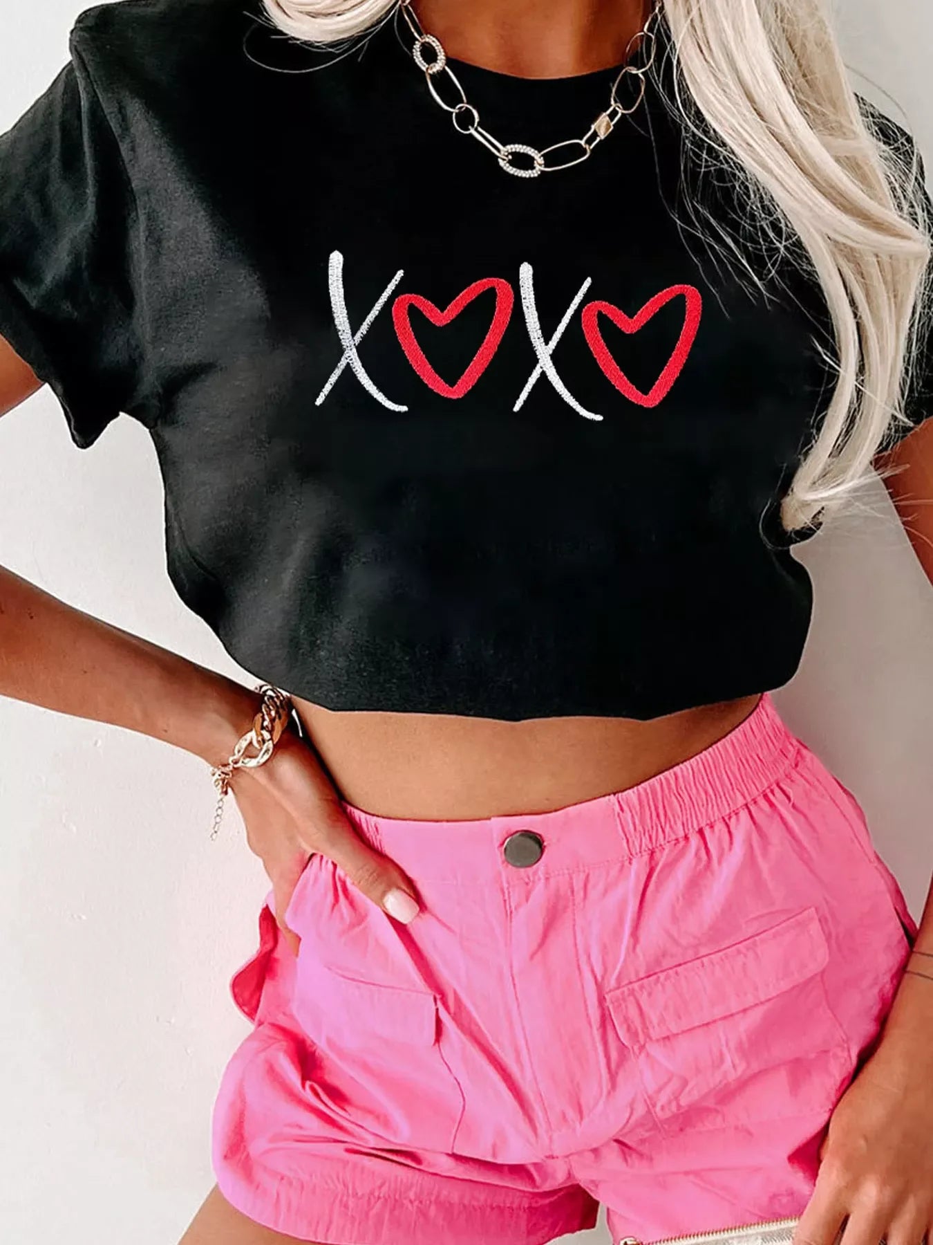 XOXO Valentines Heart Embroidered Casual Tee
