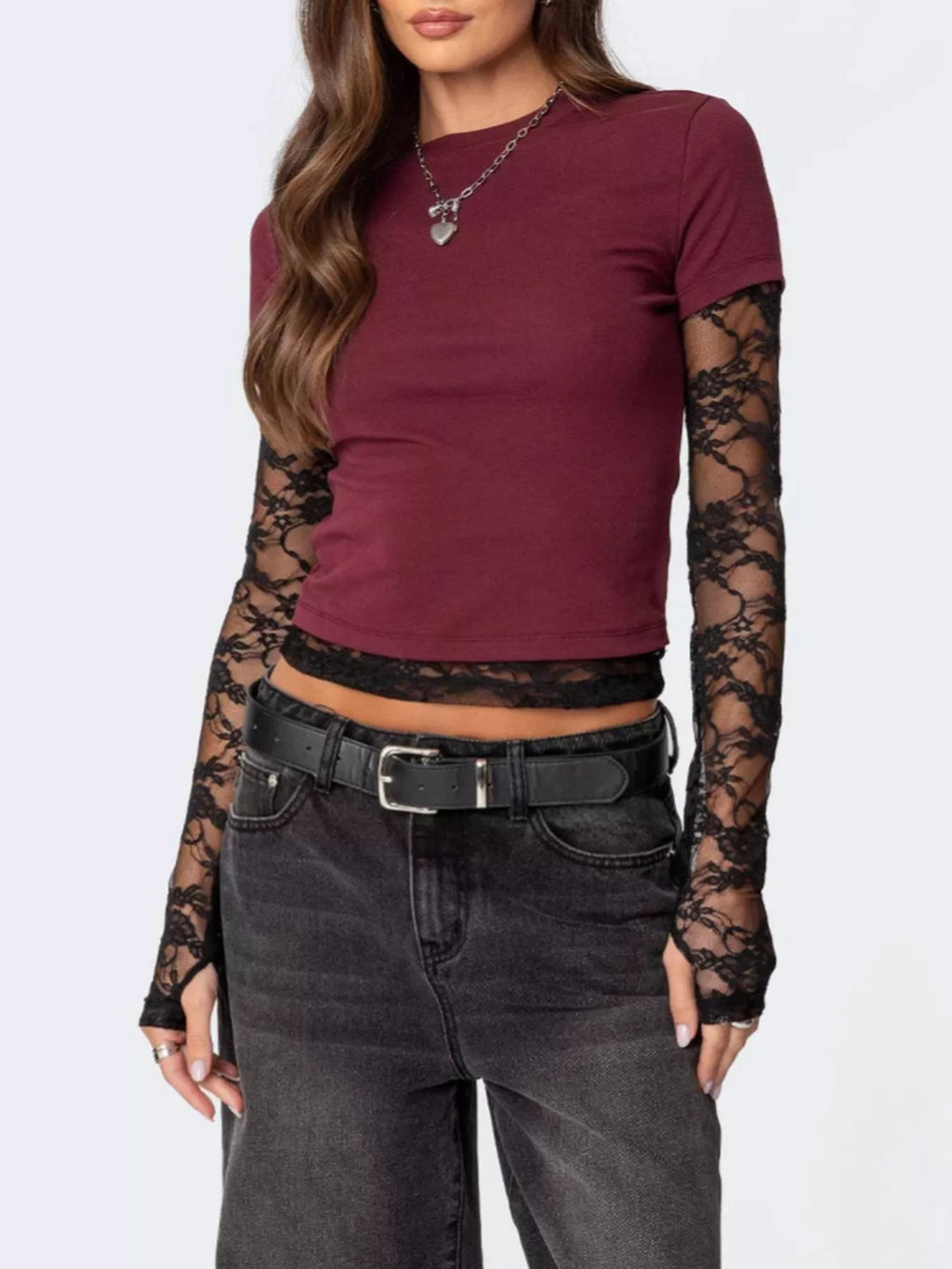 Cropped T-Shirt with Sheer Lace Sleeves