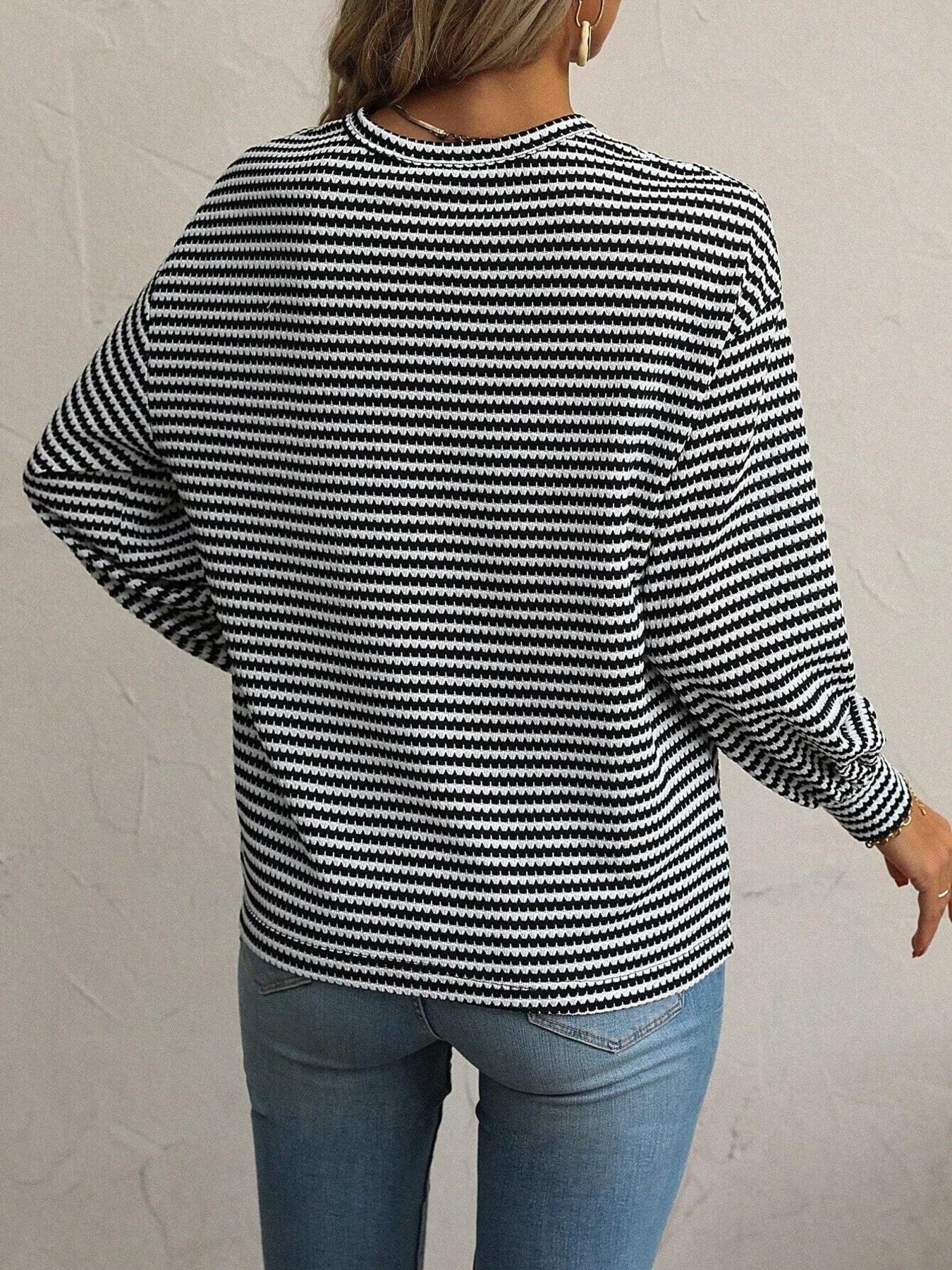 Striped Round Neck Lantern Sleeve Top