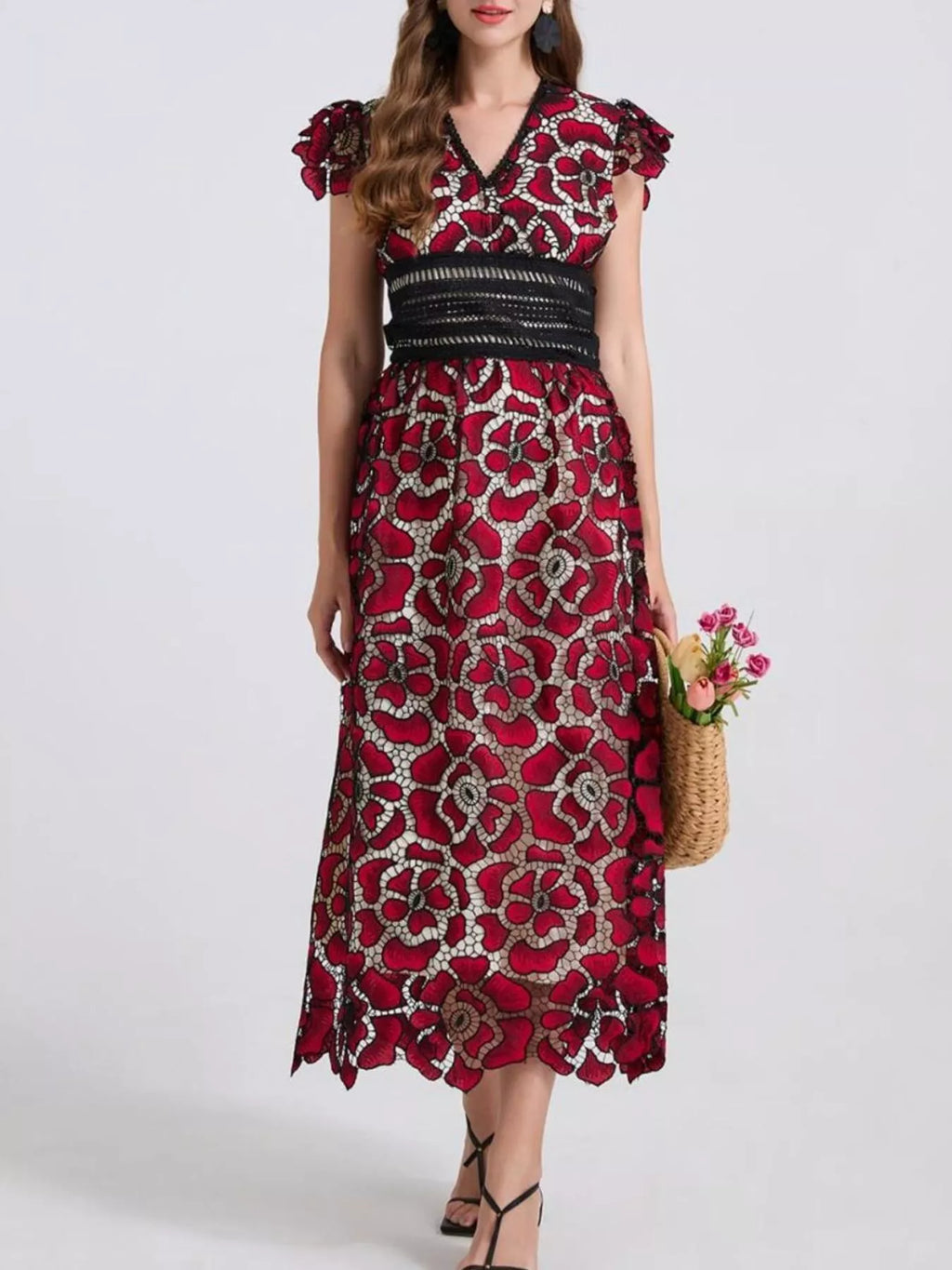Printed V-Neck Ruffle Sleeve Midi Dress