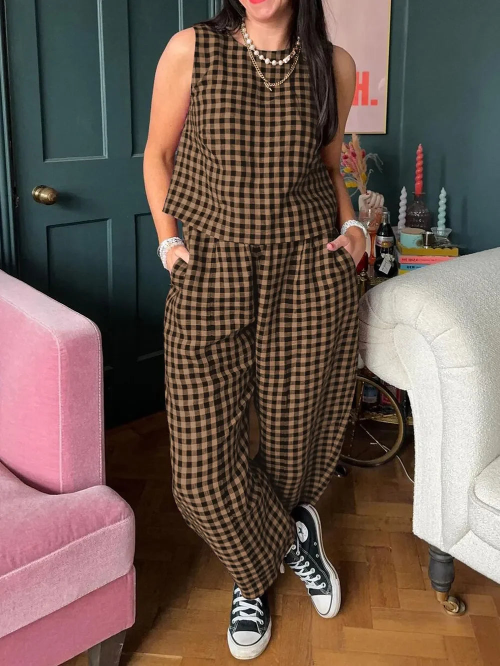 Lovelet Plaid Round Neck Sleeveless Top and Pants Set