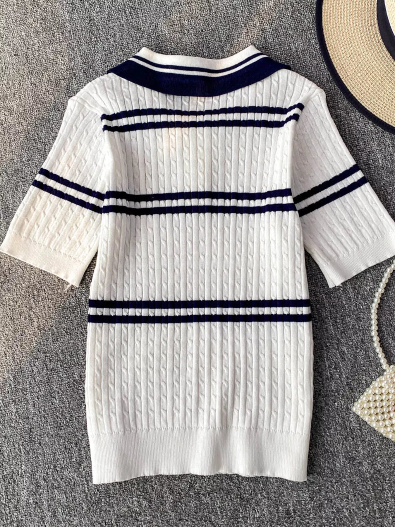 Striped Knit Polo Collar Top