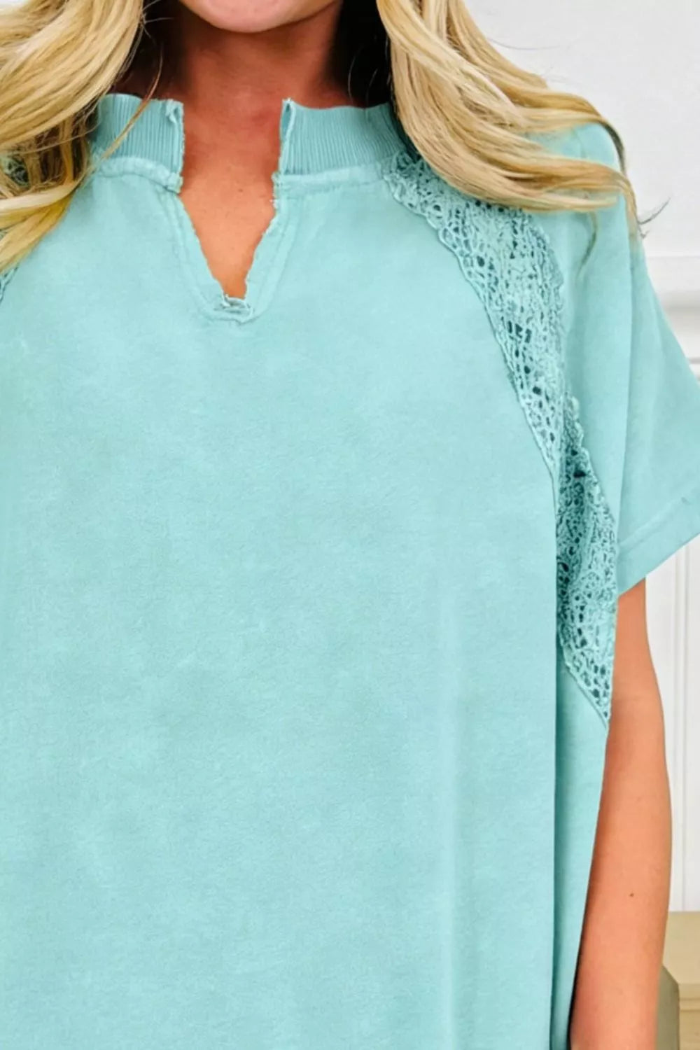 Notched Neck Lace Patchwork Detail Mineral Wash Tee