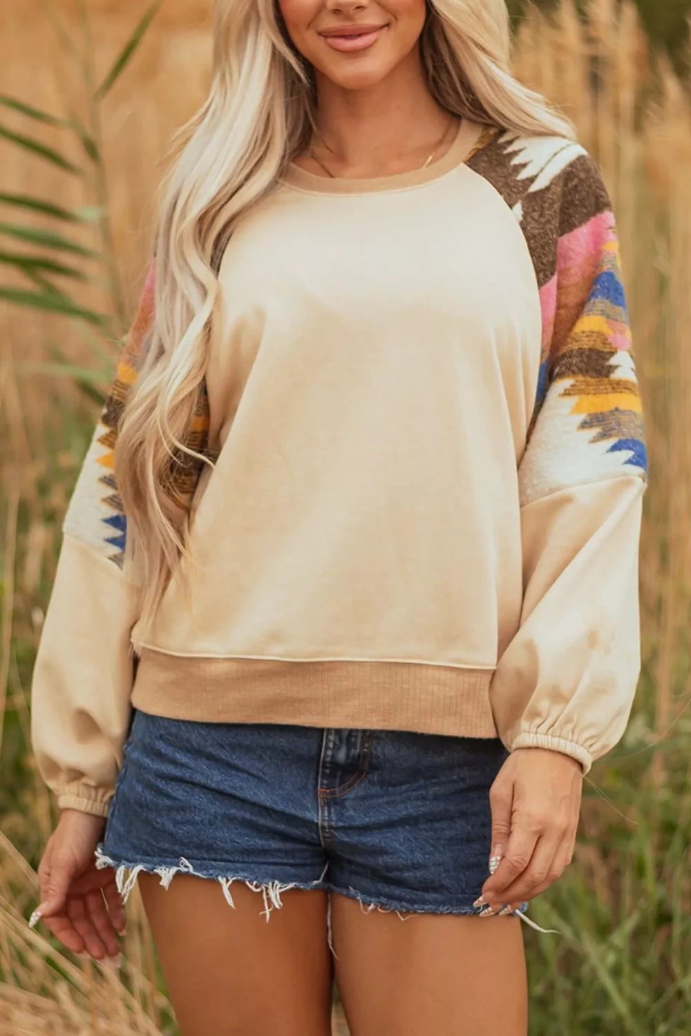 Sequined Rodeo Graphic Aztec Bubble Sleeve Patchwork Western Sweatshirt