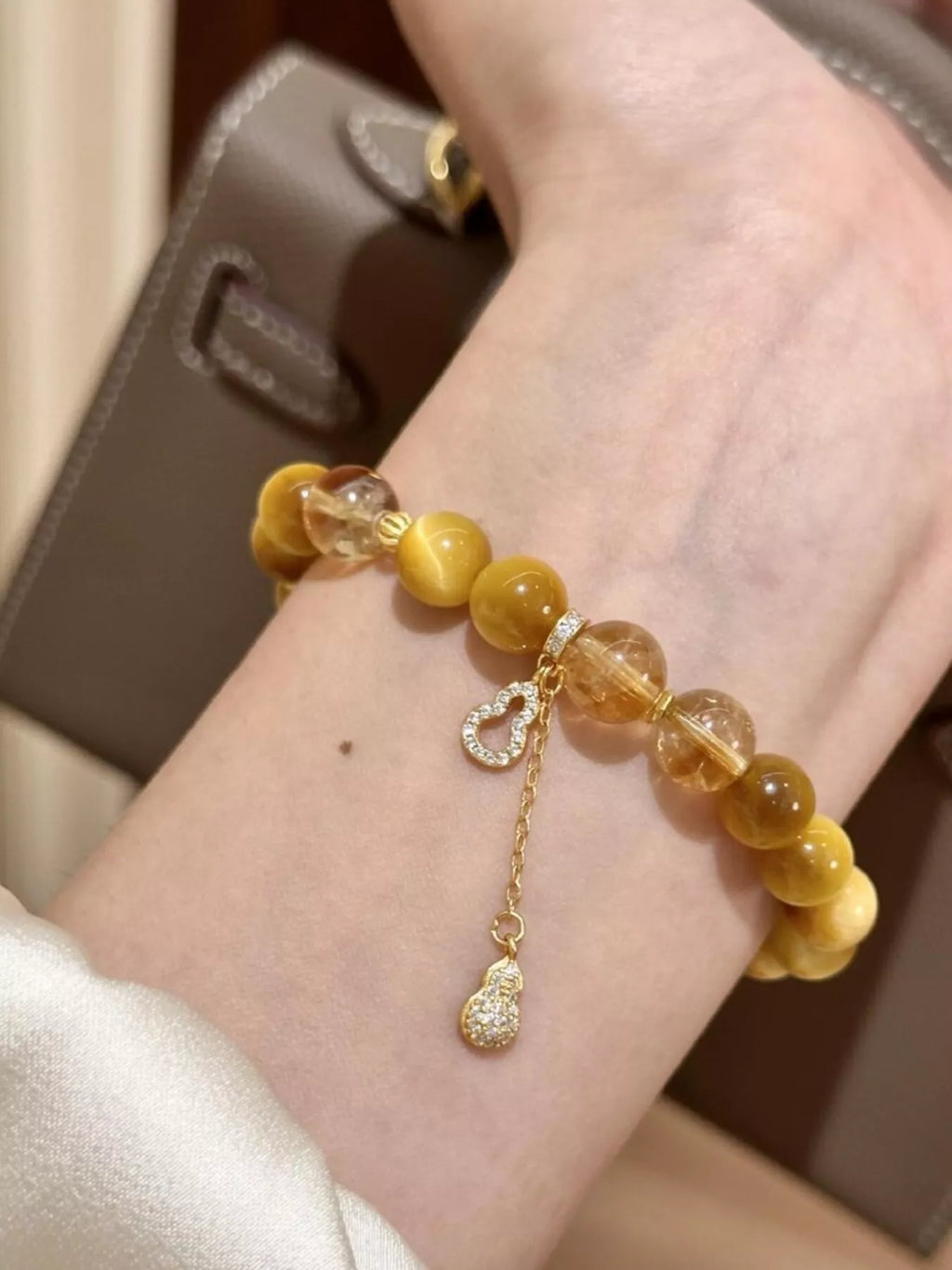 Tiger Eye Beaded Bracelet with Gourd Charm