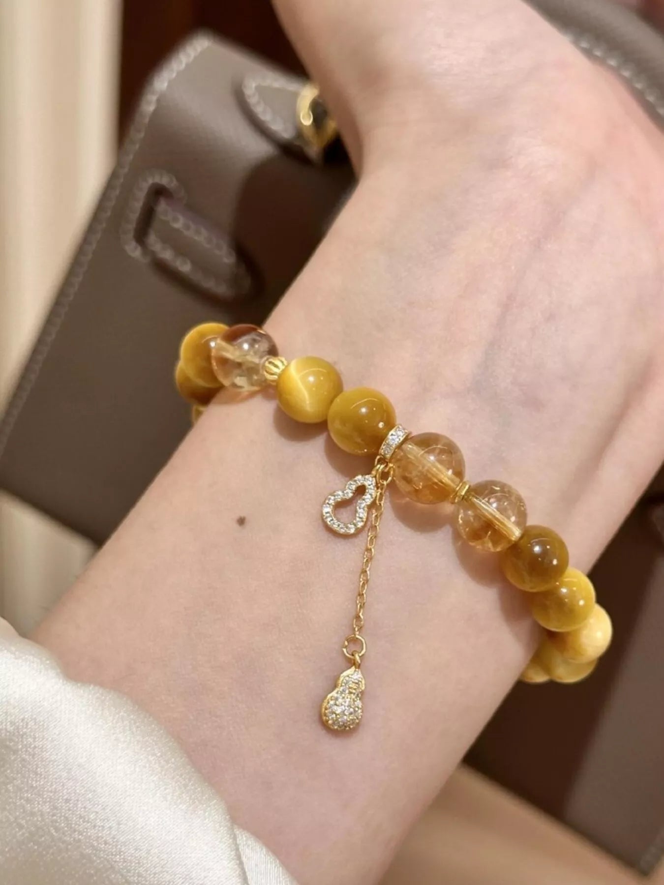 Tiger Eye Beaded Bracelet with Gourd Charm
