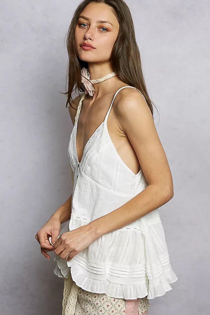 POL Button Front V-Neck Ruffled Cami with Pintuck Accents