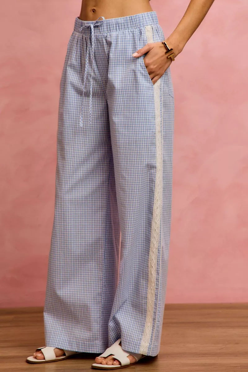 SO ME Wide Check  Pants With Side Lace Trim And Piping