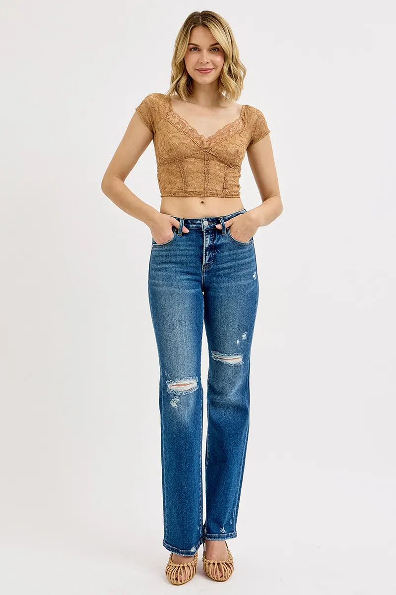 RISEN Full Size Tummy Control High Rise Straight Distressed Jeans Plus Size