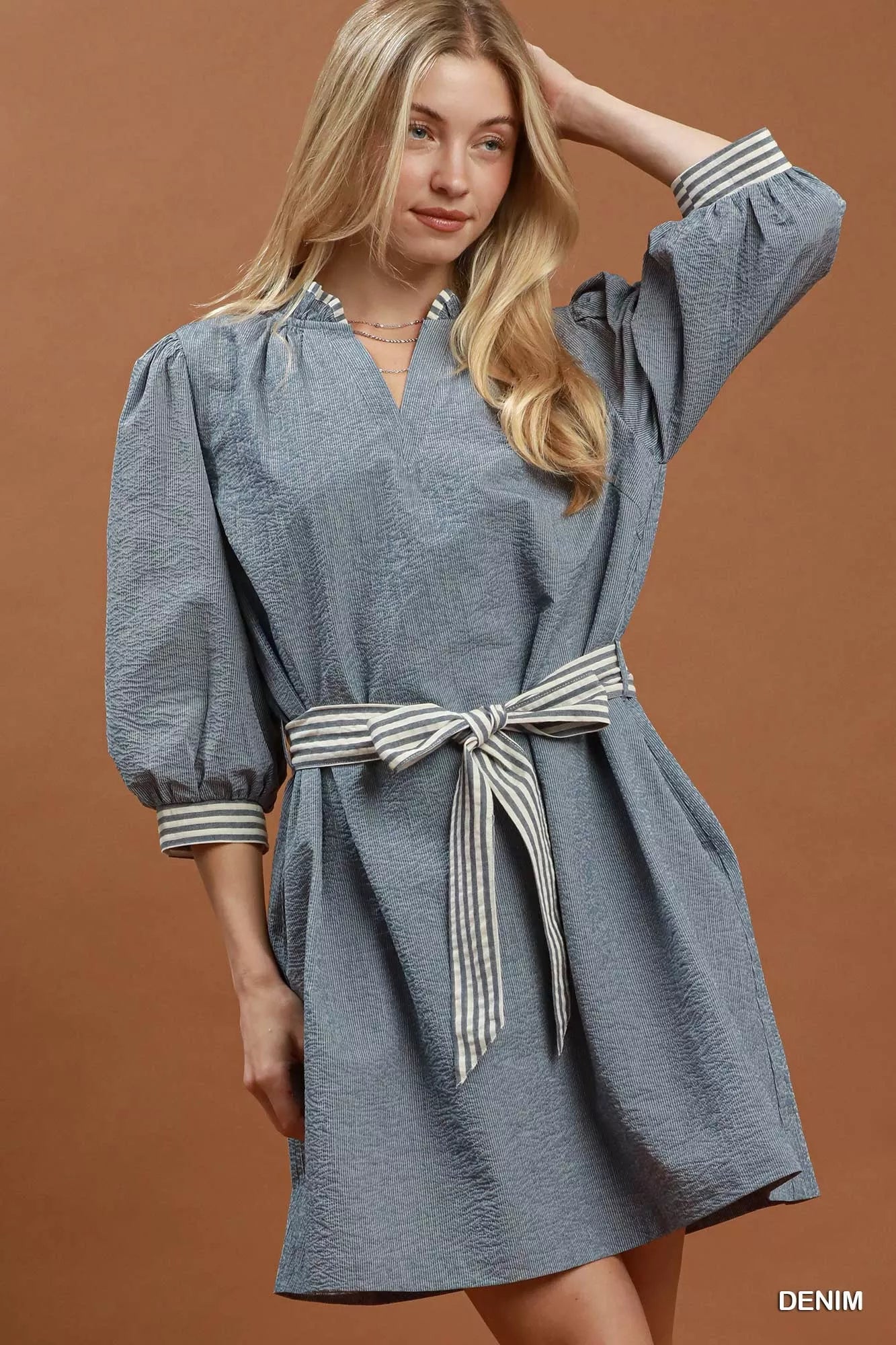 Umgee Textured Contrast Trim Tie Waist Mini Dress