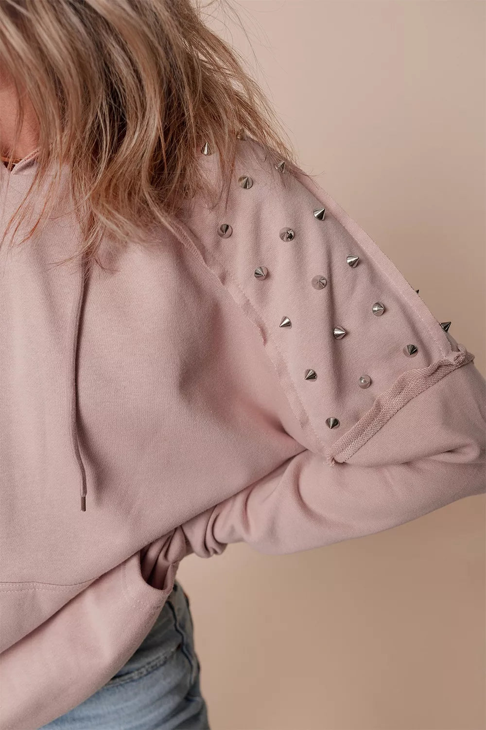Drawstring Studded Shoulder Hoodie