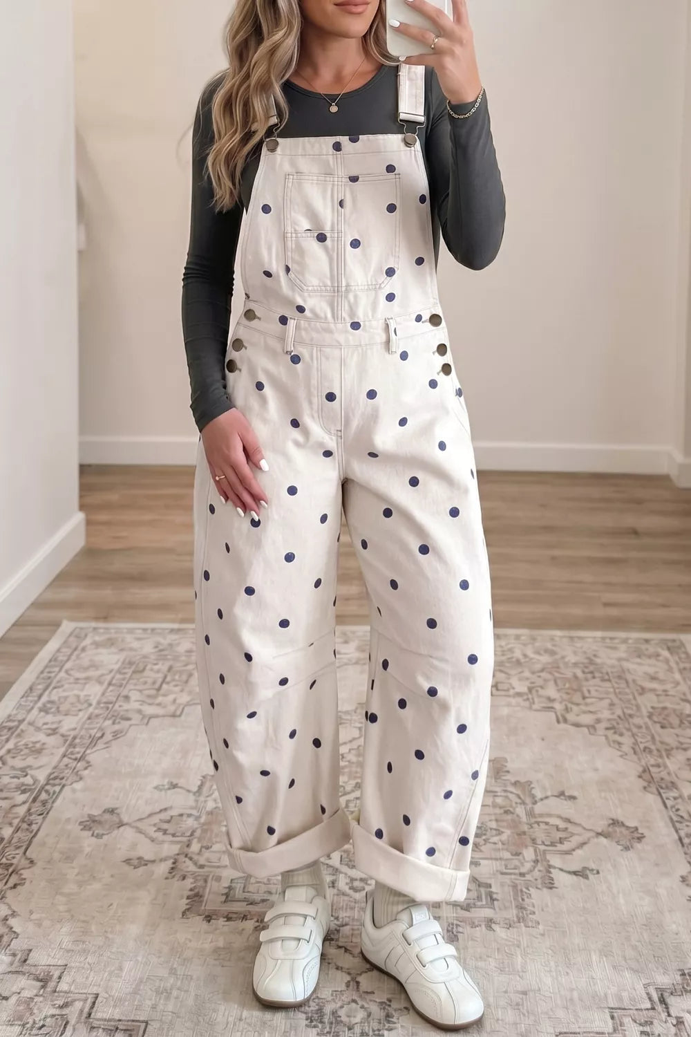 Polka Dot Print Bib Pocket Denim Barrel Overalls Jumpsuit
