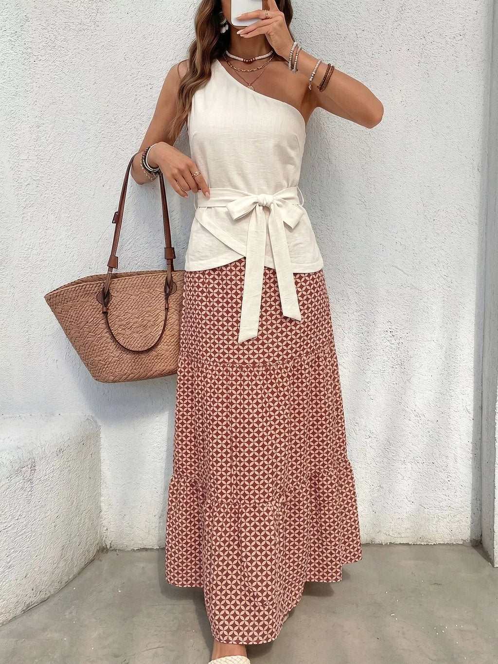 One-Shoulder Top and Geometric Print Maxi Skirt Set
