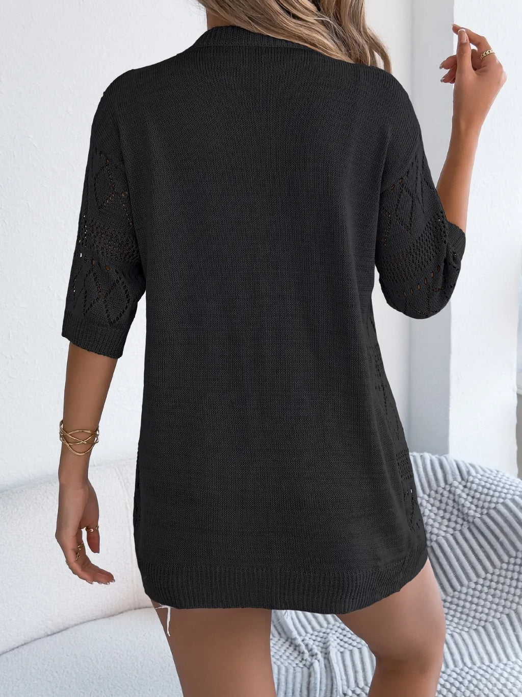 Openwork Open Front Half Sleeve Cardigan