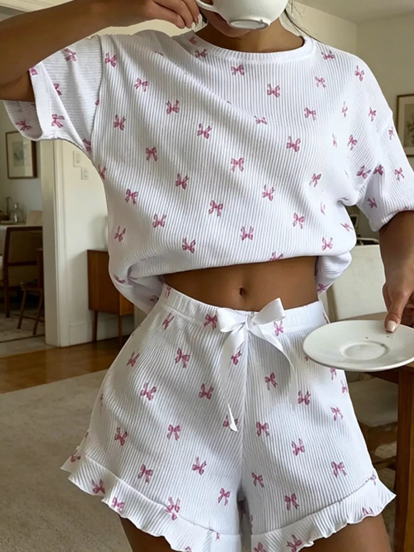 Ribbed Knit Bow Print Top and Shorts Lounge Set
