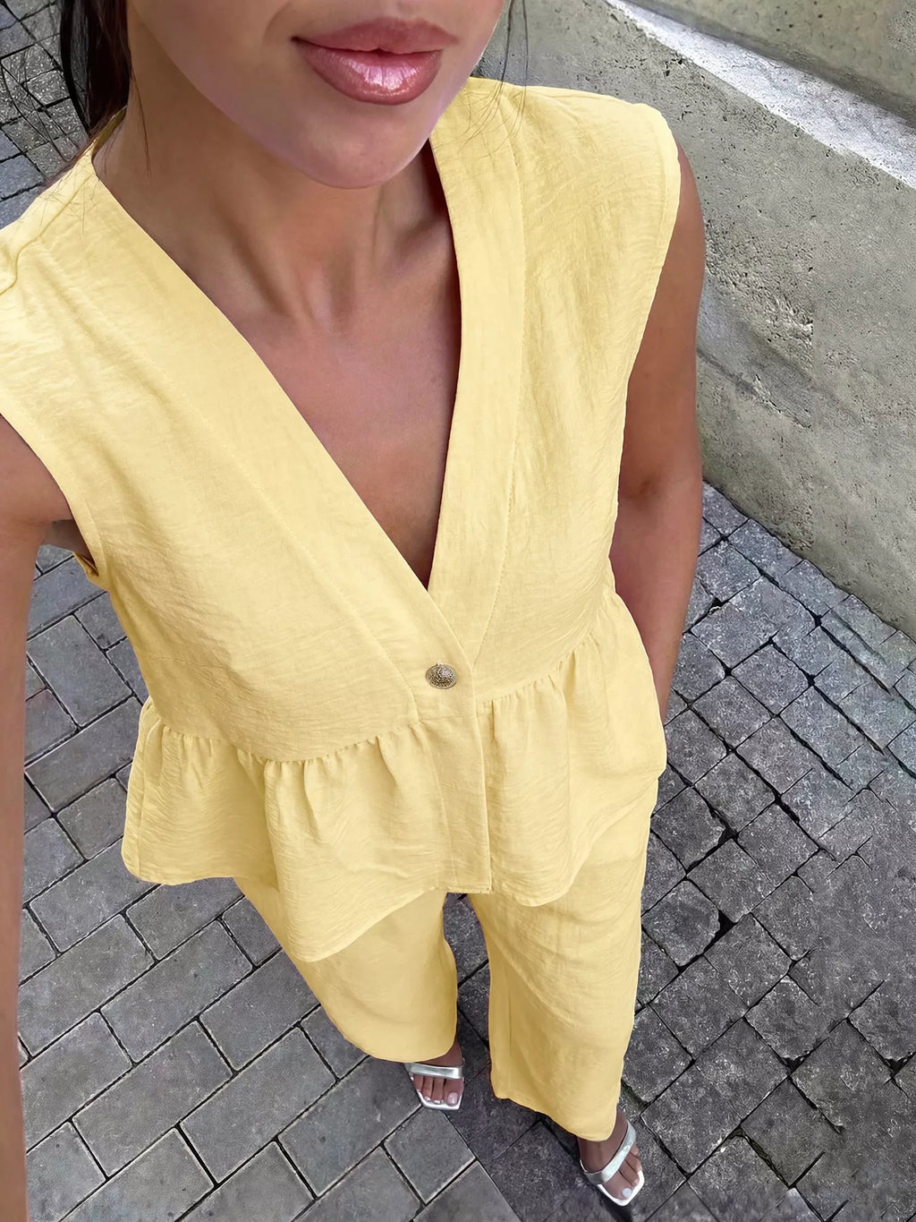 One Button Sleeveless Top and Pants Set