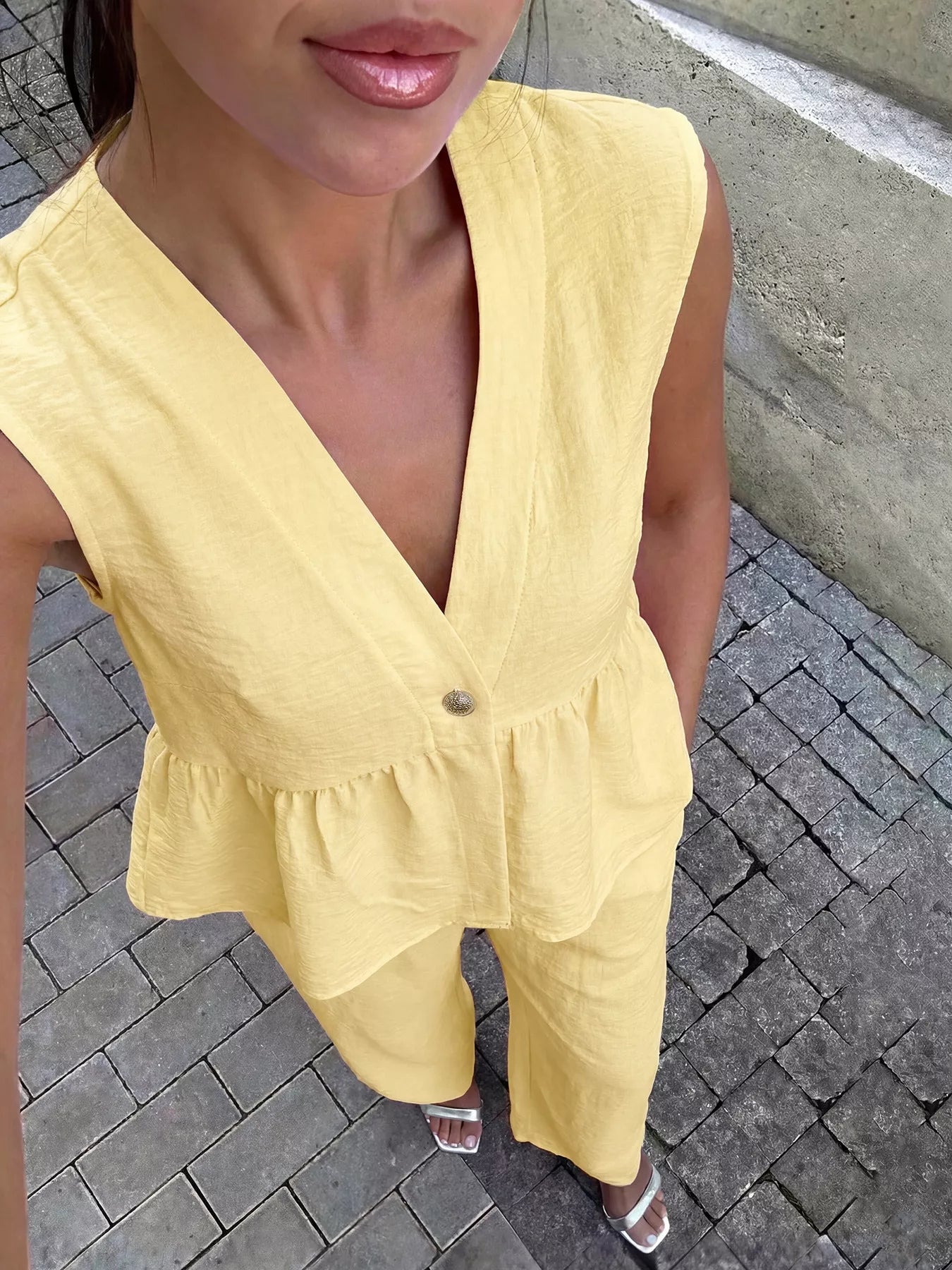 One Button Sleeveless Top and Pants Set