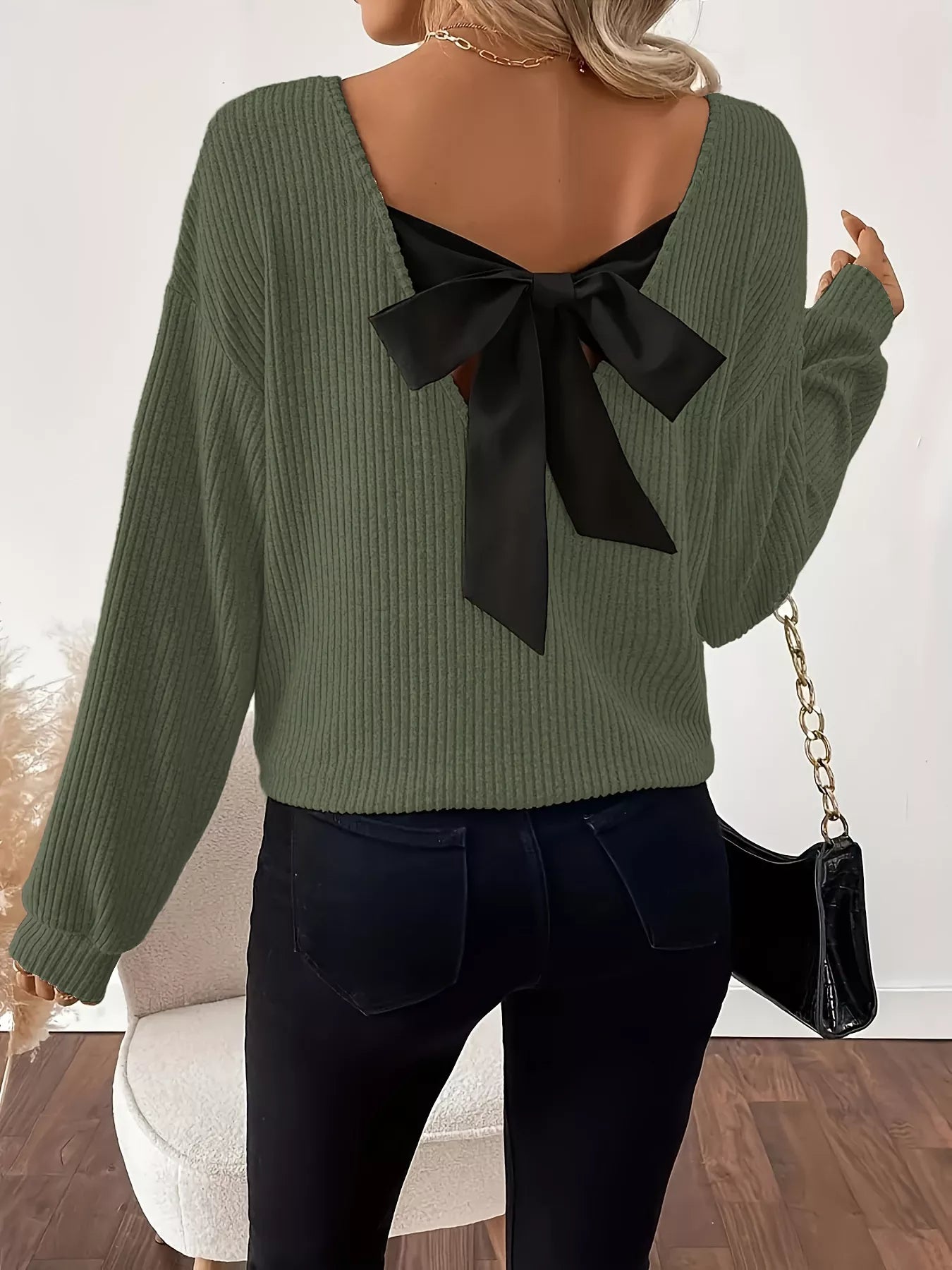 Full Size Ribbed Knit Backless Bow T-Shirt Plus Size