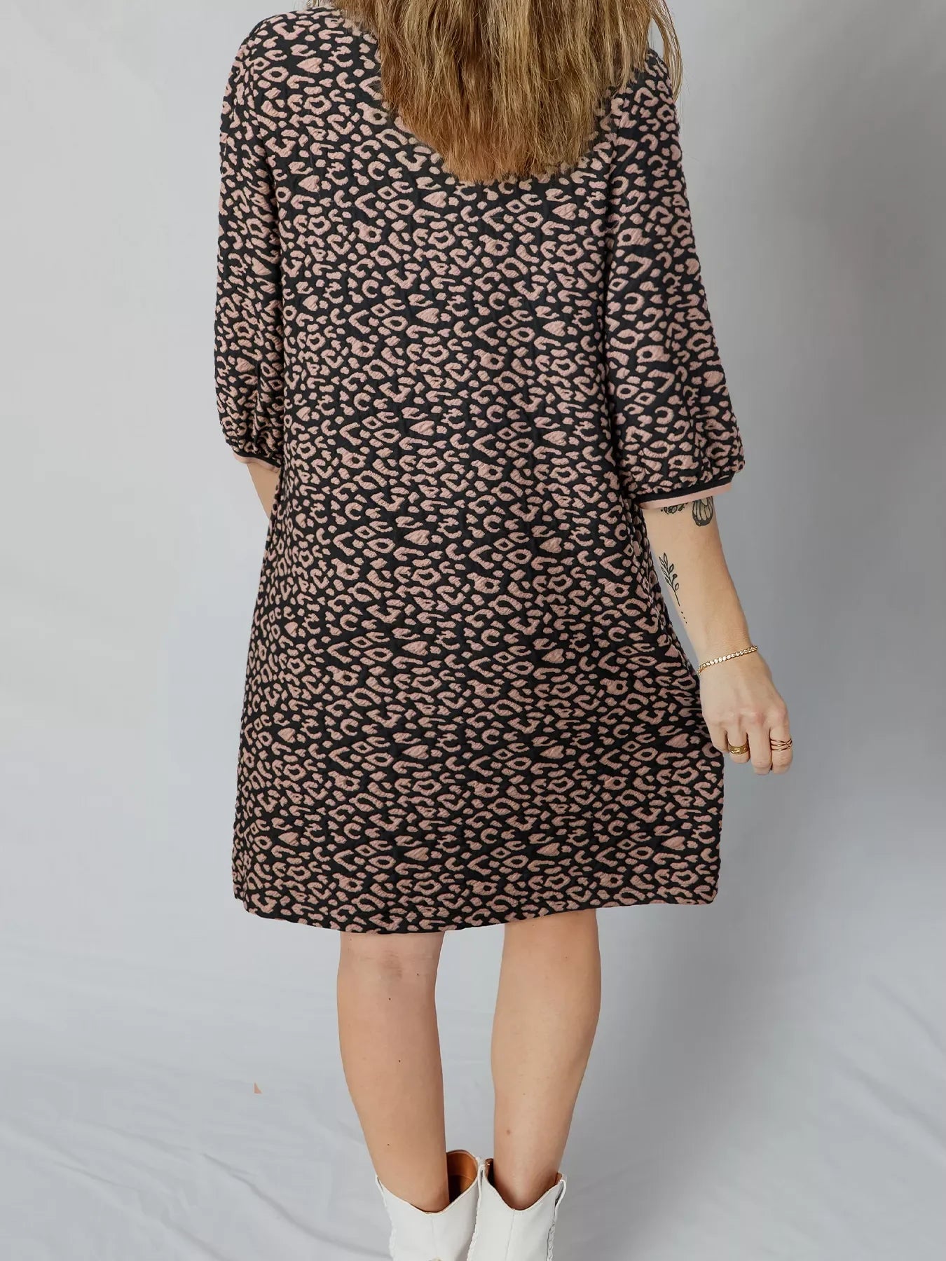Leopard Print Bubble Sleeve Shift Mini Dress