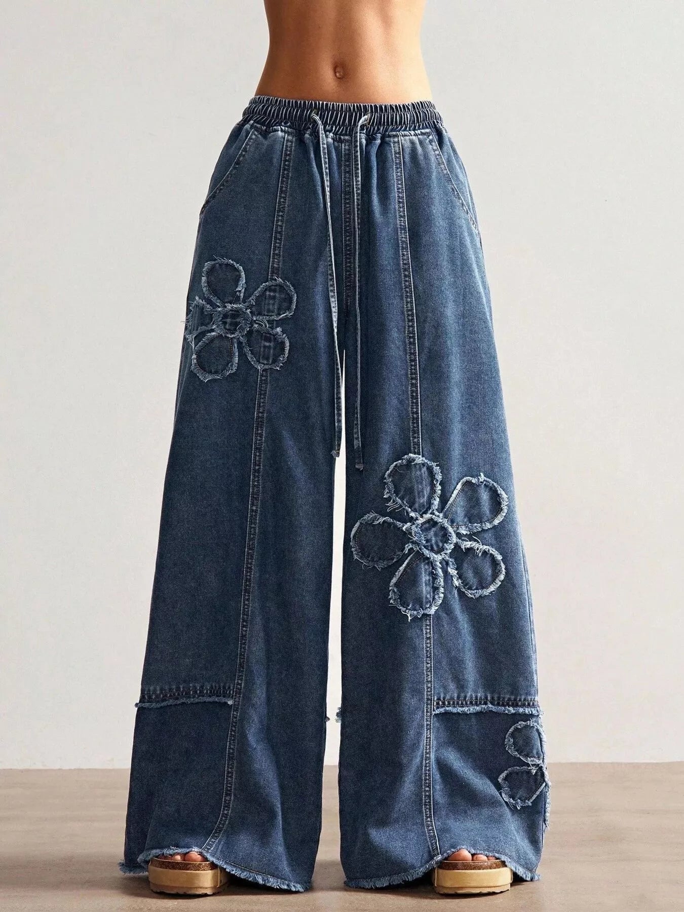Floral Appliques Wide Leg Jeans