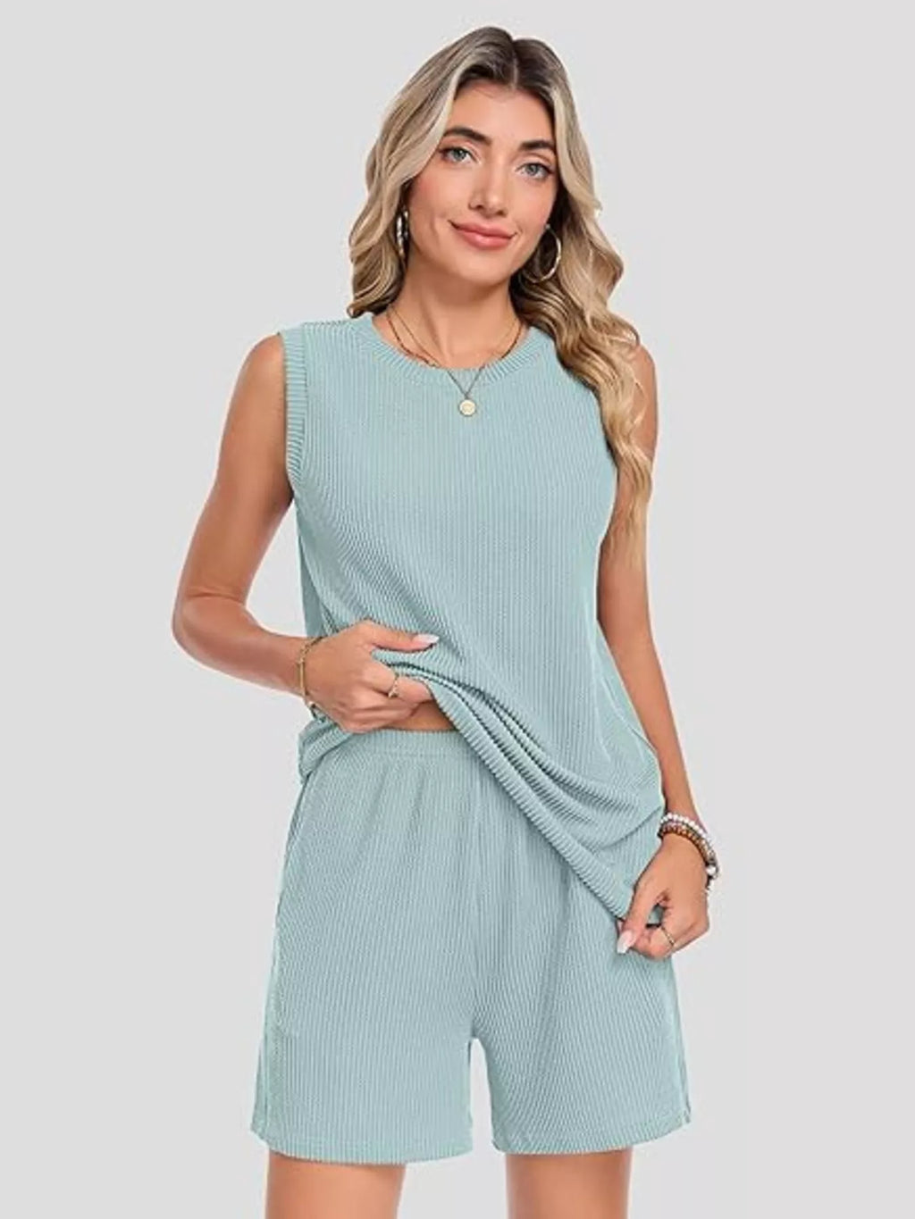 Casual Ribbed Knit Sleeveless Top and Shorts Set