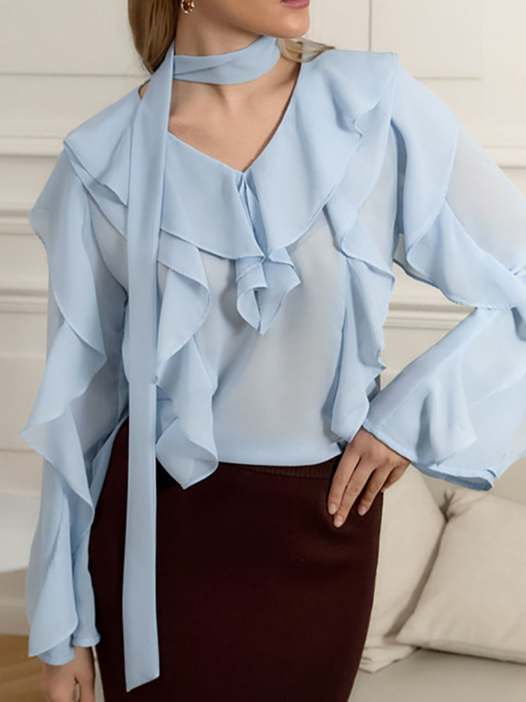Ruffle Trim Chiffon Blouse
