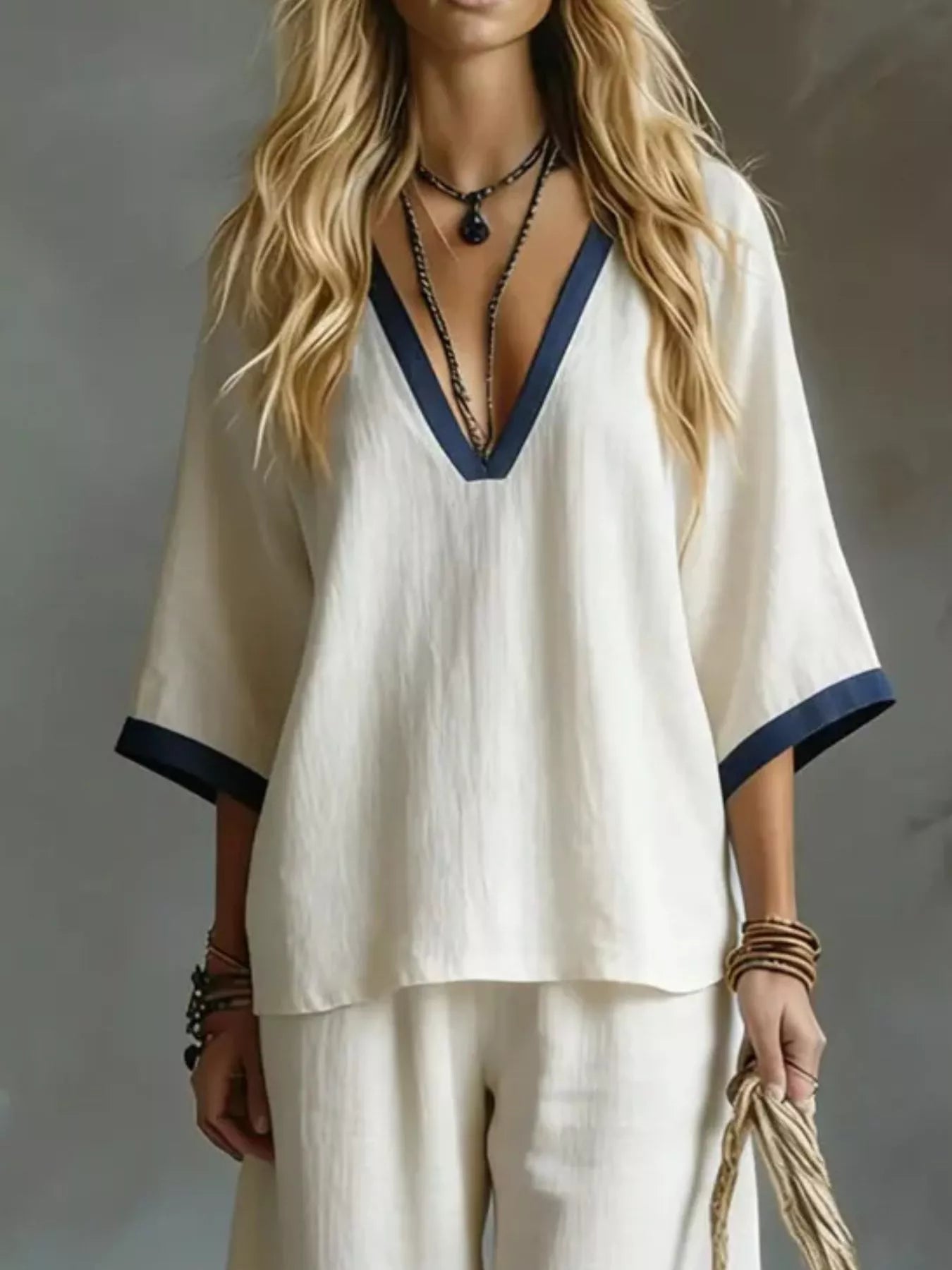 Contrast Trim V-Neck Top and Pants Set