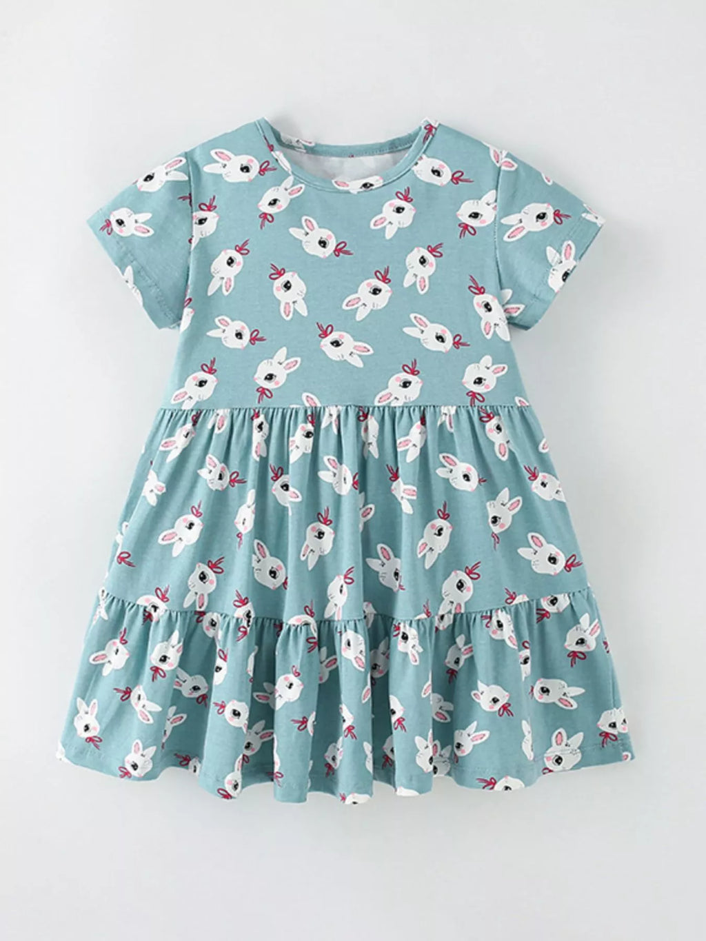 Children's Cute Bunny Print Tiered Ruffle Dress