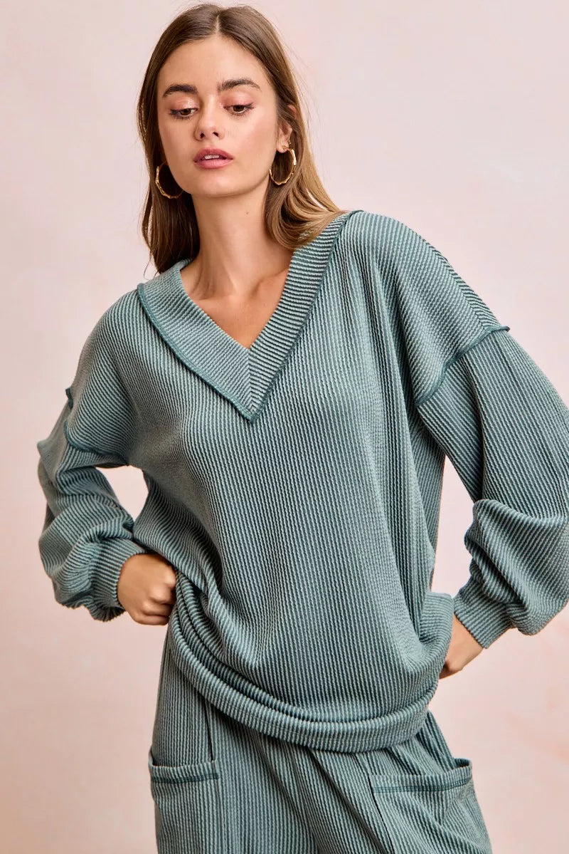 BiBi Two Tone Cord Rib Contrast Stitching V-Neck Top and Pants Set